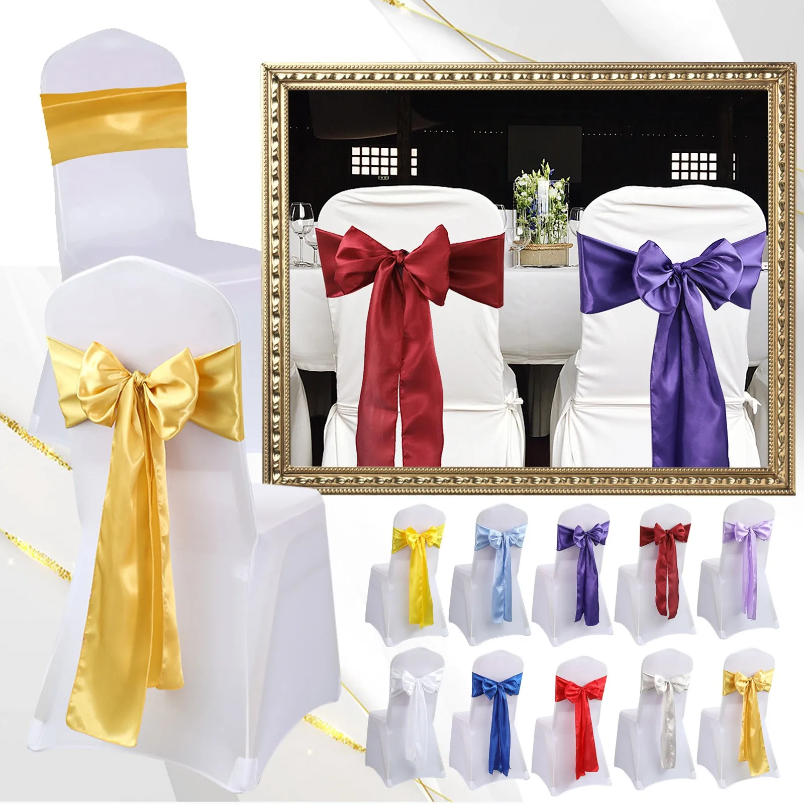 

1Pcs Satin Chair Sash Bow Butterfly Ties Bands Chair back Ribbon For Hotel Banquet Wedding Party Decoration MultiColor 17x275cm