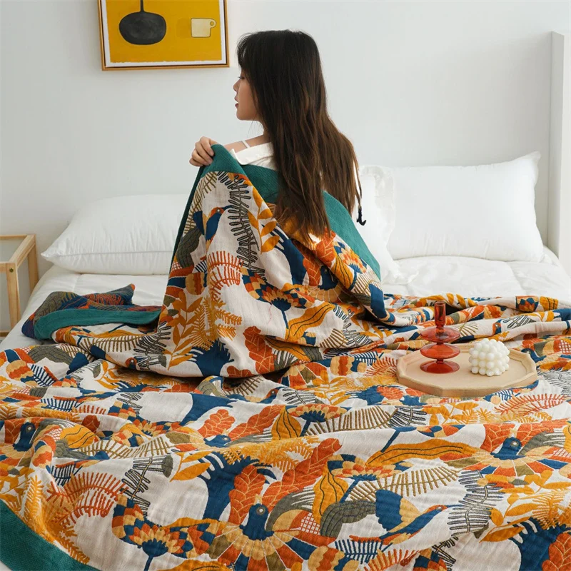 American Country Style Cotton Blanket Soft Gauze Sofa Cover Throw Blanket for Bedroom Bird Flower Leisure Bedspread for Chair