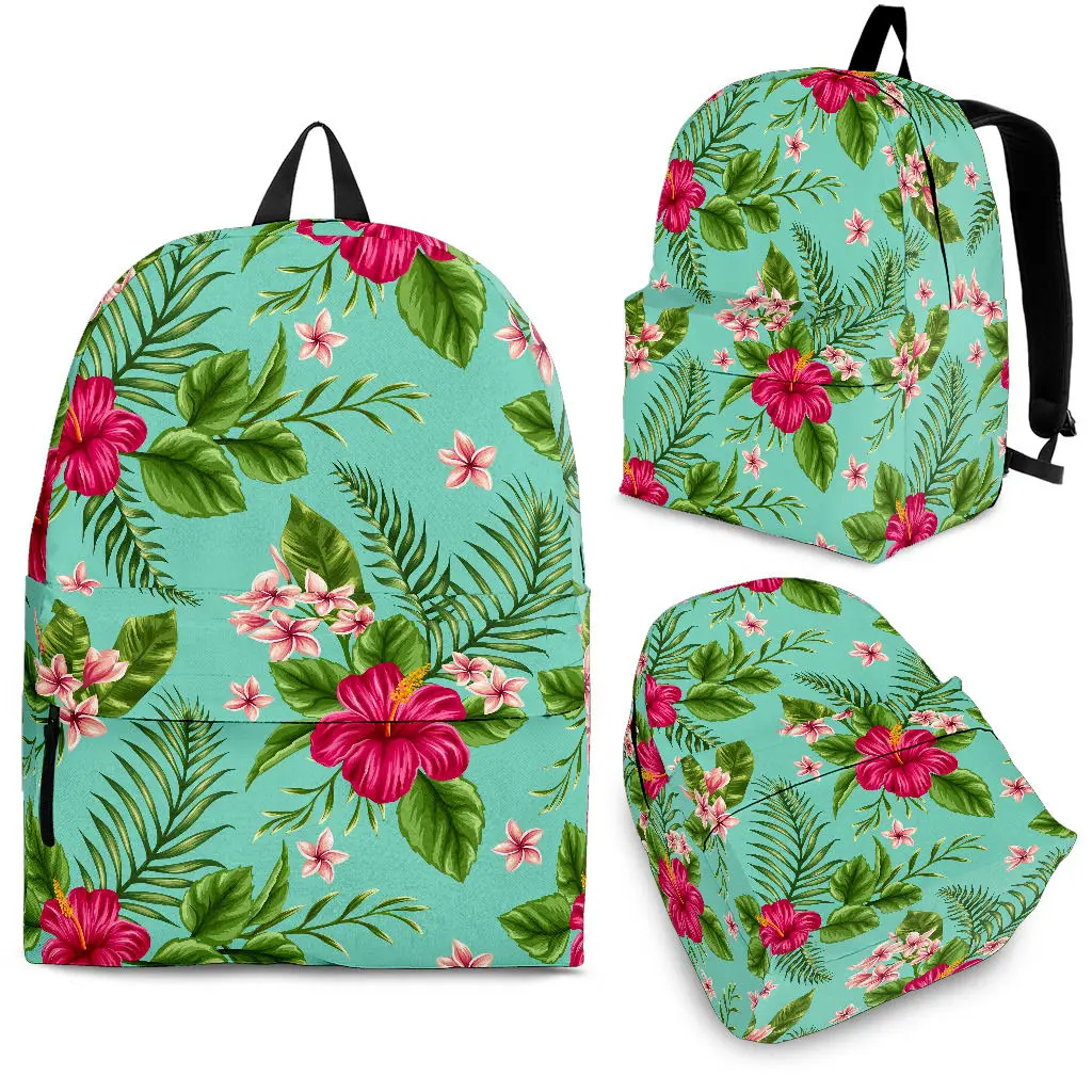 YIKELUO Fashion Tropical Plant Palm Leaf Hibiscus Plumeria Backpack Large Capacity Student Textbook Bag Leisure Travel Bag