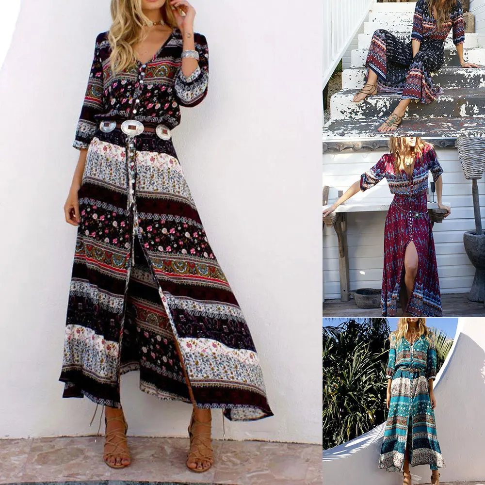 

Women's Cover up Dress Button Down Deep V Mid-Length Sleeve Maxi Dress Ethnic Loose Fit Woman's Long Skirt Boho Printed PR Sale