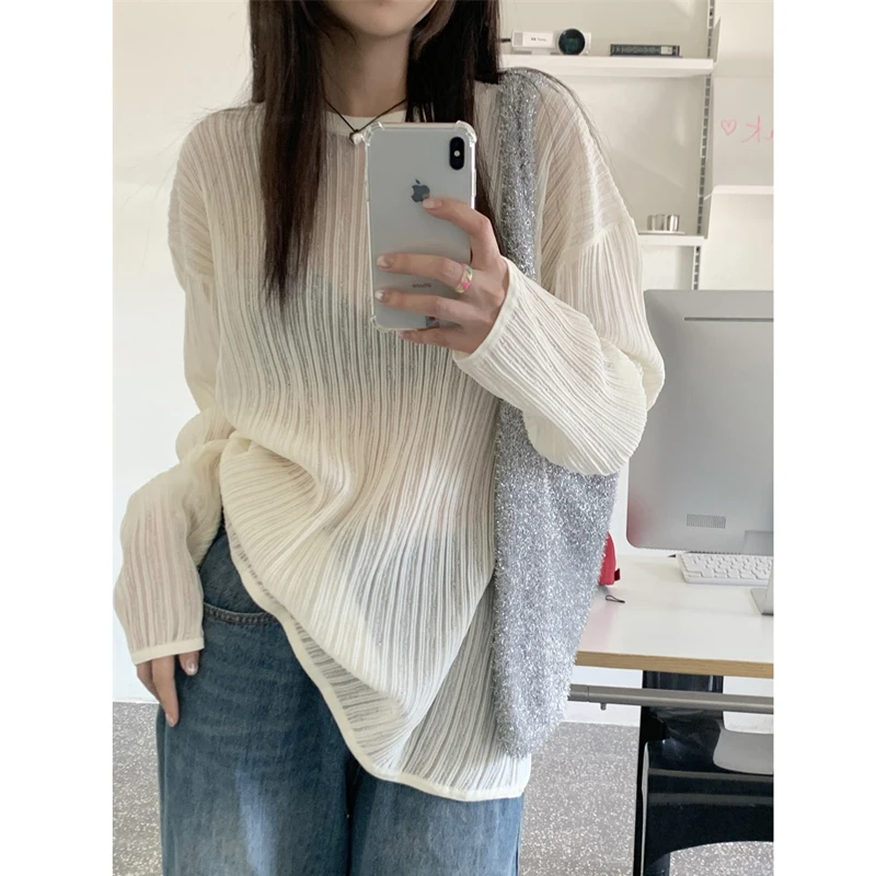 

Thin chic fashion sunscreen knitted T-shirt summer 2022 new lazy style Pullover long sleeve outerwear women