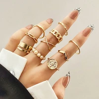 10pcs women knuckle rings twist pearl hollow chain ring punk geometric jewelry wedding silver color rings female accessories