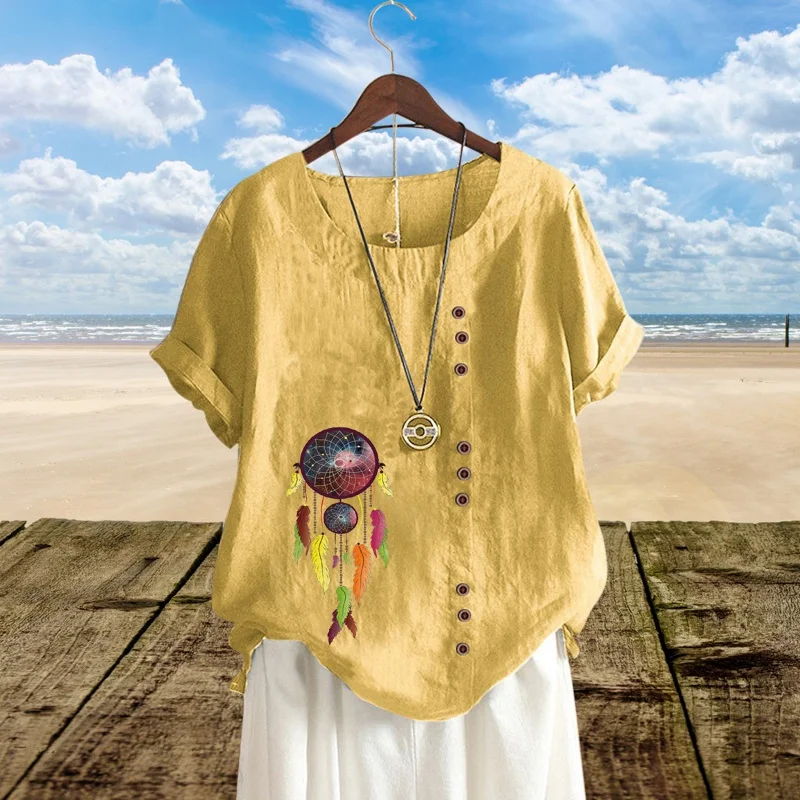 

Новые льняные женские модные рубашки с круглым вырезом и коротким рукавом, футболки с мультяшным принтом, летние женские повседневные топы