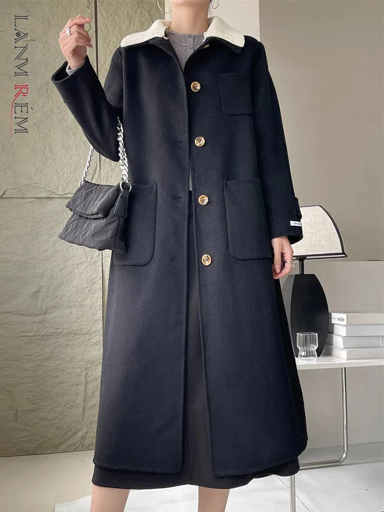 

[LANMREM] Elegant Knitting Collar Design Wool Coats For Women Single Breasted High End Warm Outwear 2023 Winter New 26D7233