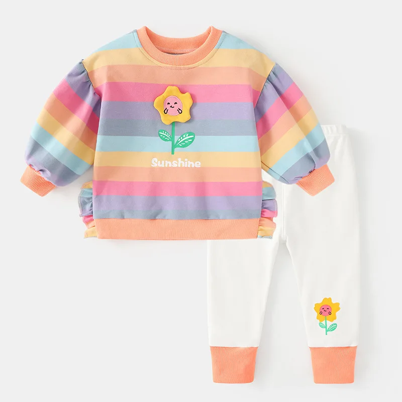 

Autumn Girls Rainbow Striped Tops Pant Suit 1+y Young Child Clothes Spring Kids Long Sleeve Flower T-Shirt Trousers Matching Set