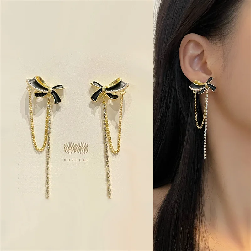 

Korean Gold Color Bow Tassel Earrings Temperament Long Chain Bow-knot Clip on Earrings No Piercing for Female Fashion Jewelry
