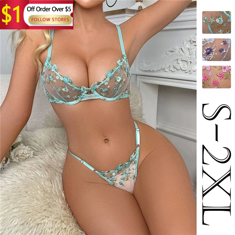 

Sexy Lingerie For Women Plus Size Two Piece Underwear Floral Embroidery Mesh Underwire Lingerie Set Lingerie Women 2 Piece Set