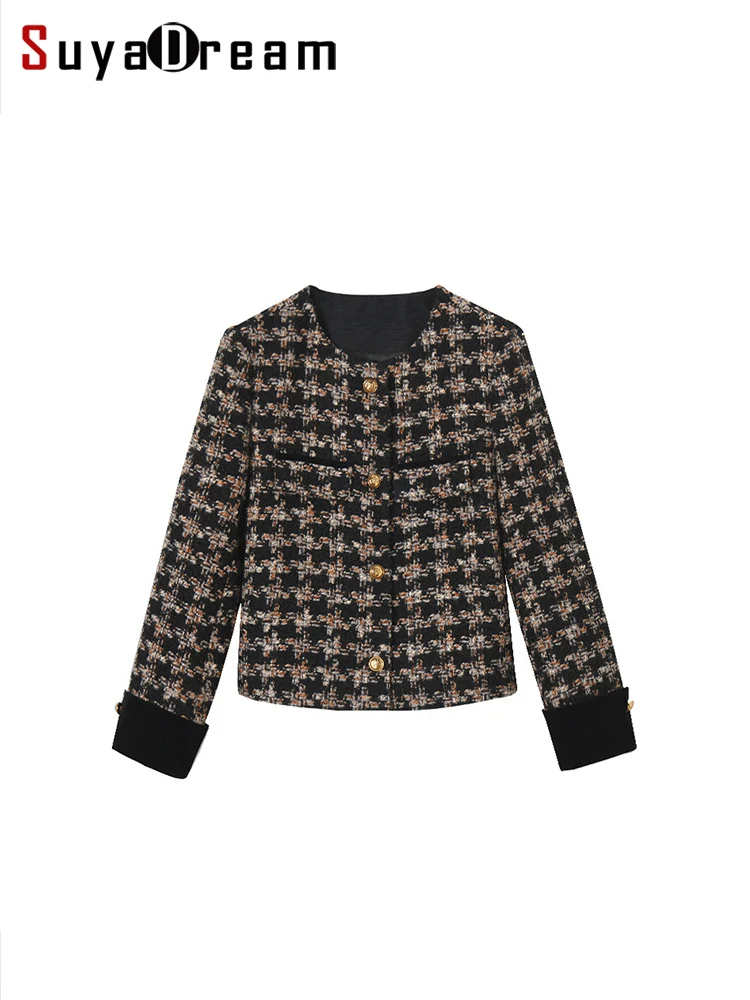 

SuyaDream Handmade Women Tweed Coat, Elegant Plaid Short Wool Blend, 2023 Fall Winter New Outwear, Black