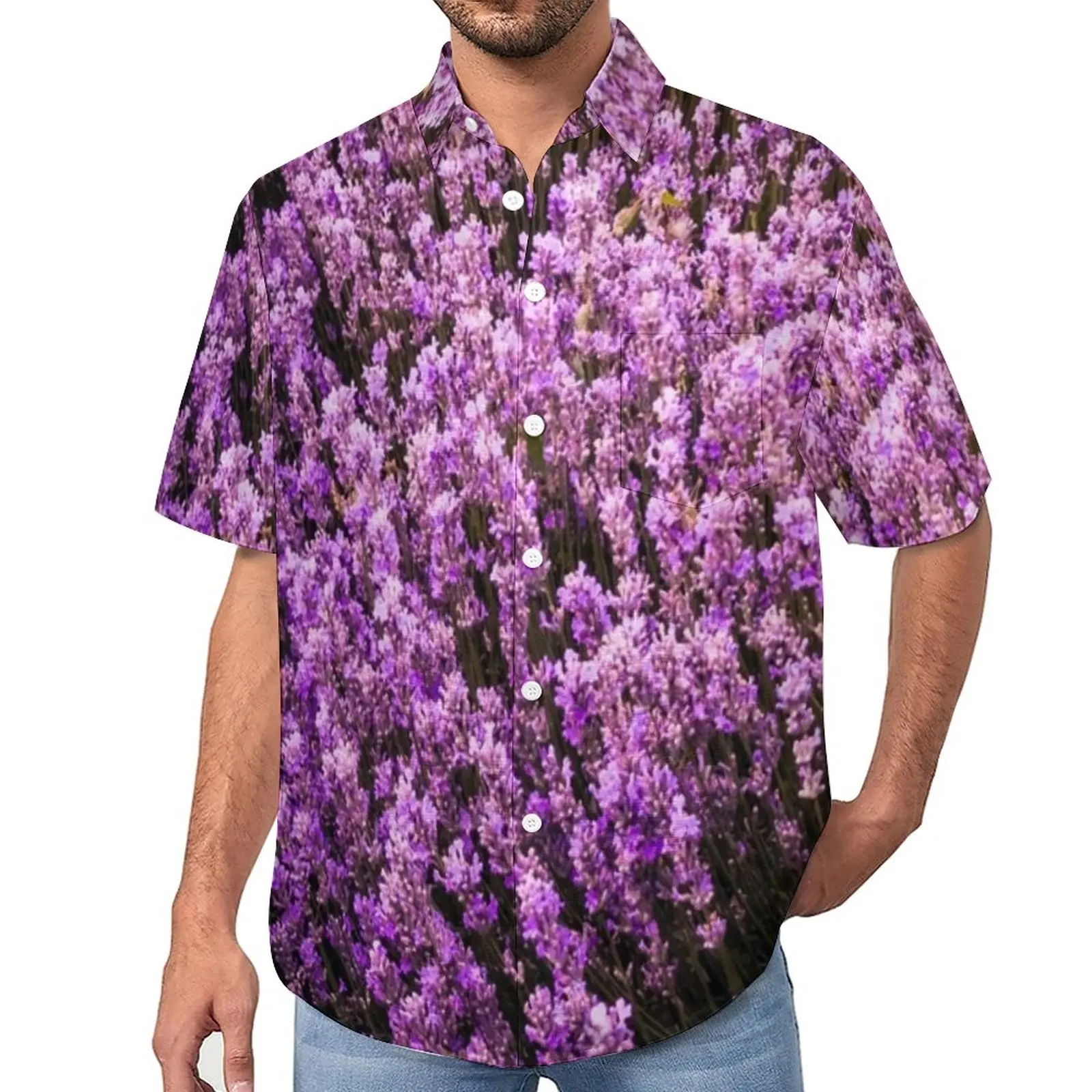 

Pretty Lavender Field Blouses Men Purple Floral Print Casual Shirts Hawaii Short Sleeve Trendy Oversized Vacation Shirt Present