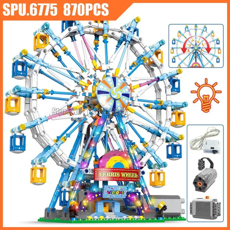 

Xb18023 870pcs Playground Amusement Park Technical Rotating Ferris Wheel Electric Bricks With Light Motor Building Blocks Toy
