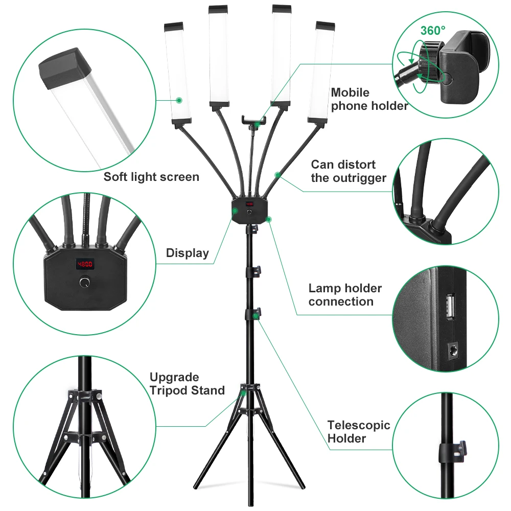 Tanie 65W 3200K-5600K Cztery Ramiona Wypełnij światło LED Ze Statywem 200cm 448 Leds Długie Paski Lampa Pierścieniowa Z Ekranem LCD Do Salonu Piękności Na żywo