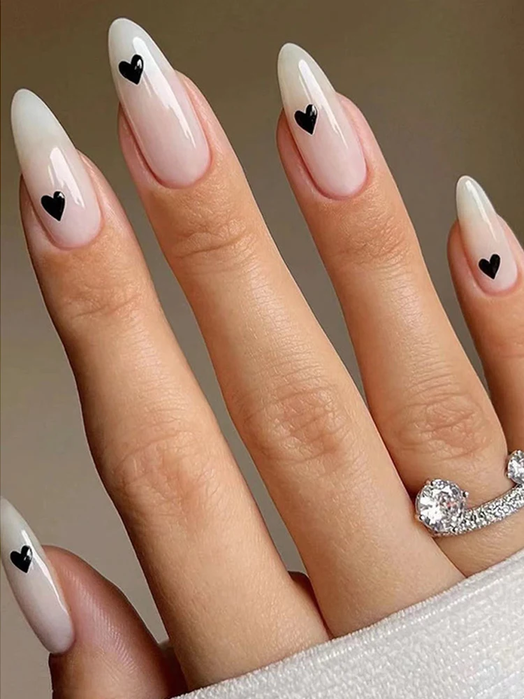 

New 24Pcs Almond Shaped Water Drop Fake Nails DIY Heart Printing Lovely False Nail Tip Press Nails Charm Nail Art Manicure Tools