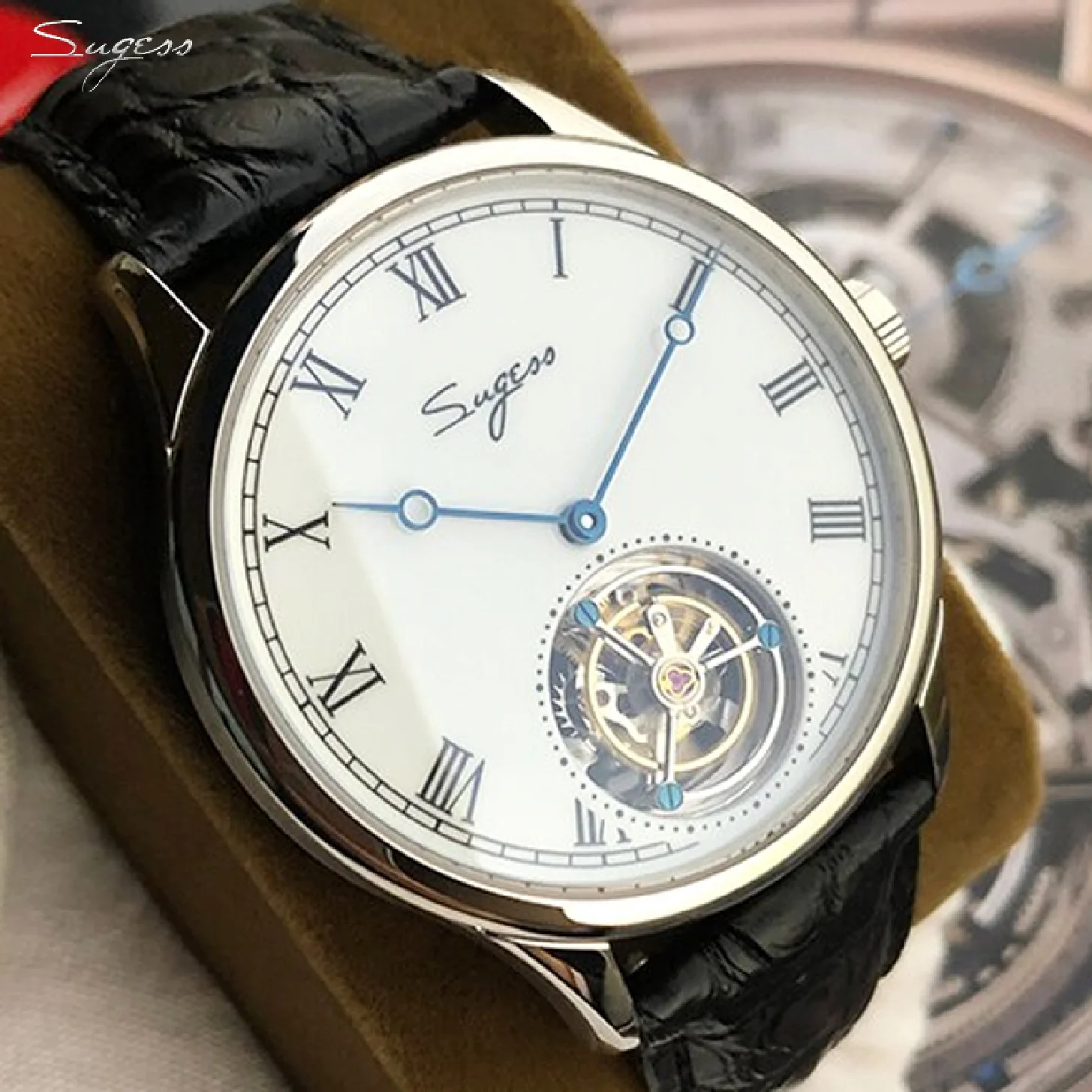 

Sugess tourbillon watch Hand winding alligator leather mechanical men watch Antique Enamel Ceramic dial seagull movement ST8230