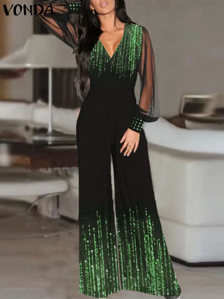 

Elegant Jumpsuits VONDA Women Summer Sexy Deep V-Neck Mesh Patchwork Long Rompers 2023 Printed Long Sleeve Playsuit Streetwear