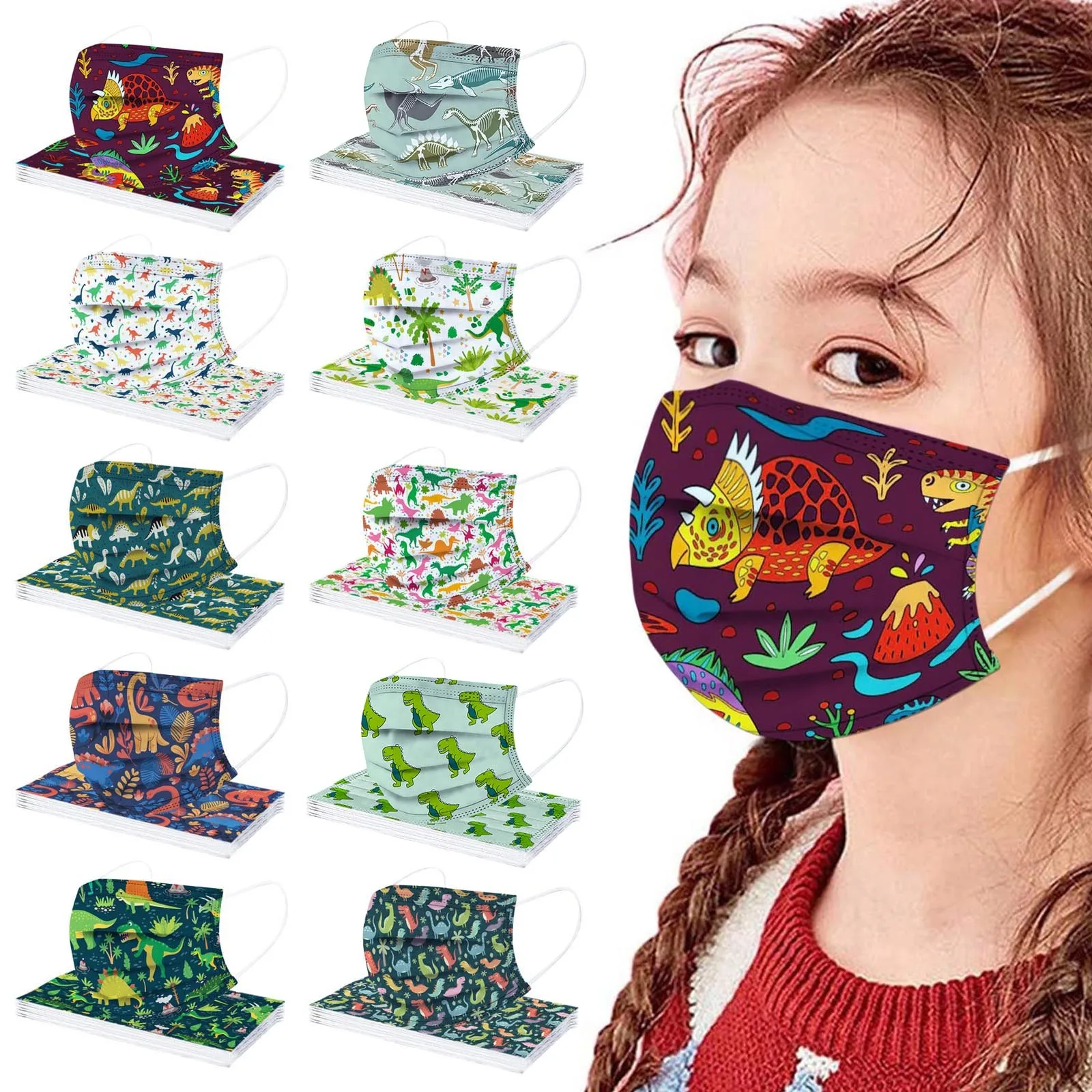 Child Kids Dinosaur Disposable Face masque 3Ply Ear Loop Protective маска 10PC mascarilla Monder Scarf Halloween Cosplay MasK - купить