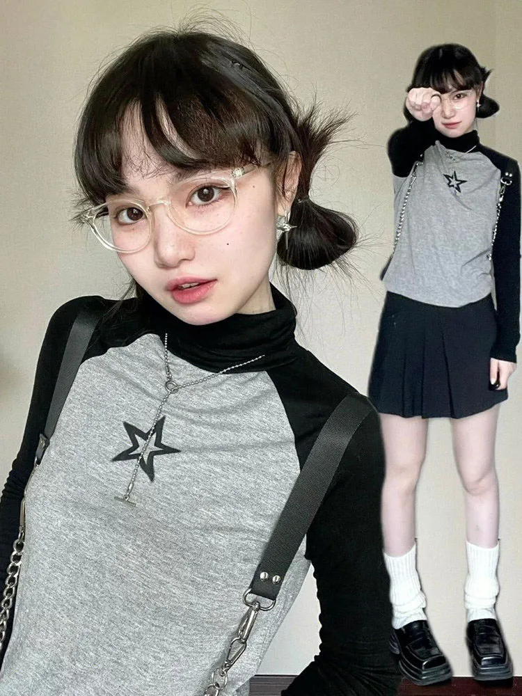 

Базовые Женские топы Y2k в стиле Харадзюку с высоким воротником, осень 2023, футболка в стиле пэчворк контрастных цветов с длинным рукавом, обле...