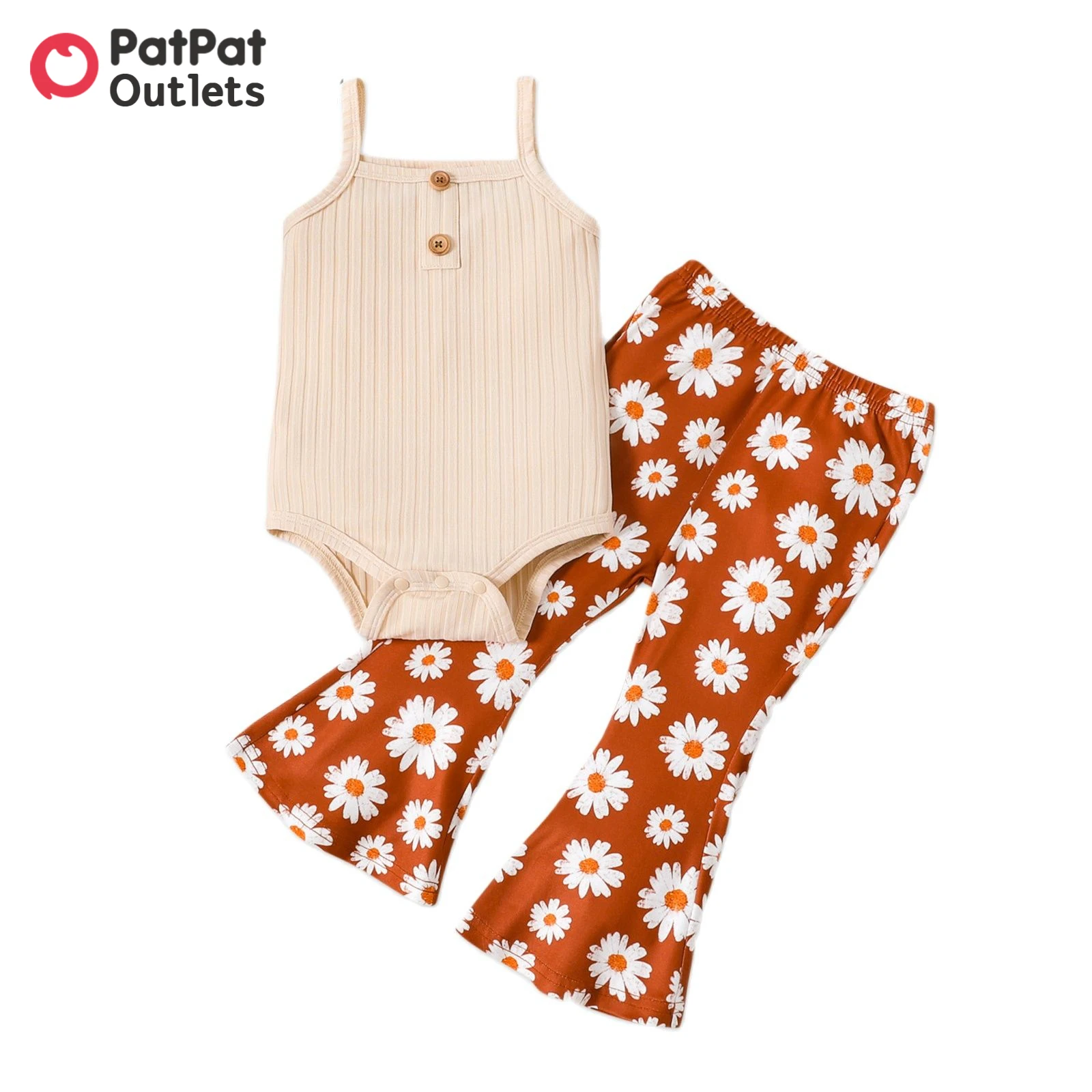 

PatPat 2pcs Baby Girl Ribbed Spaghetti Strap Romper and Allover Daisy Floral Print Flared Pants Set New Born Summer Clothing