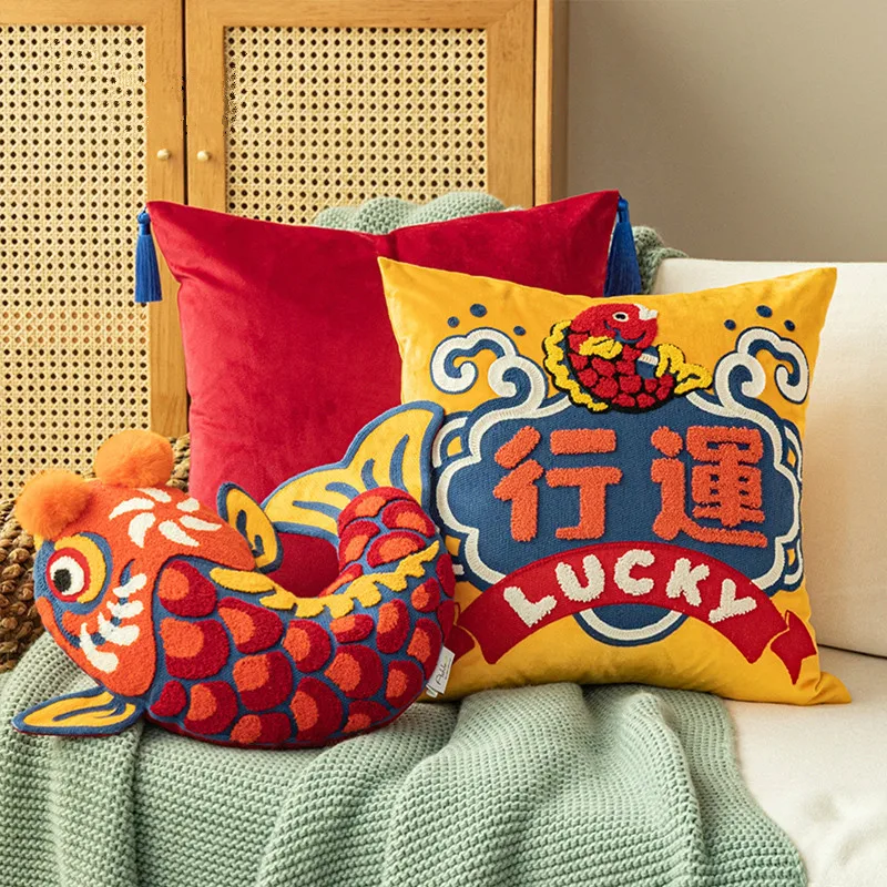 

Cushion Chair Sofa Decorative Joy Coussin Cover Bedding Cushion Fish Lucky Cover Traditional Chinese Pillow Embroidery