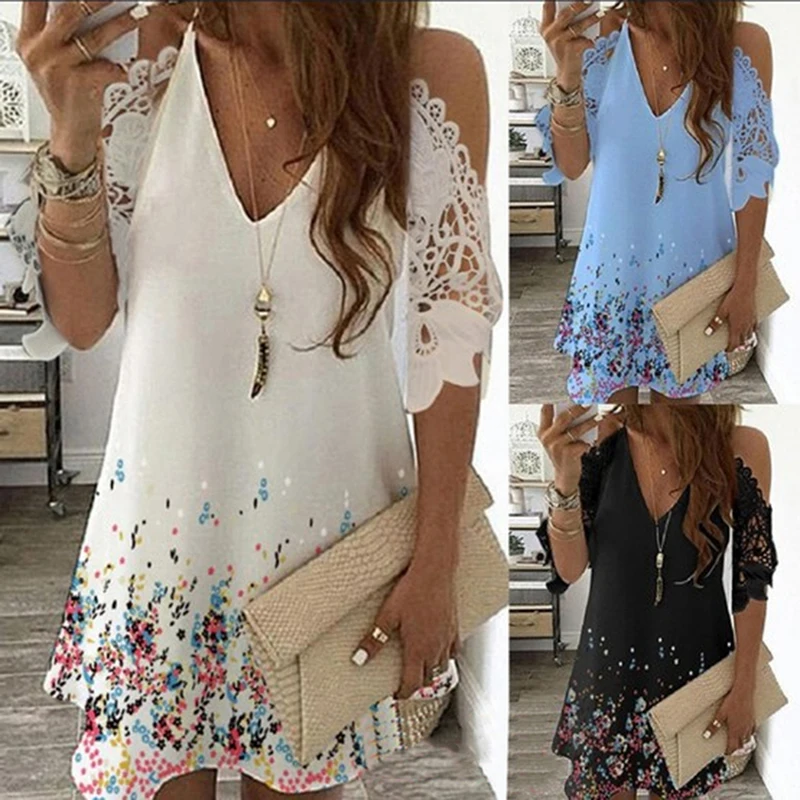 

Women Floral Printed Lace Dress Summer Vintage V-Neck Sling Off Shoulder Hollow Out Party Dresses Ladies Beach Mini Dress