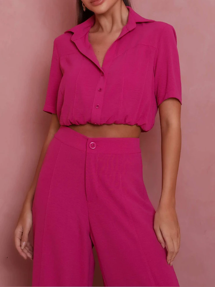 

Casual Women Summer Solid 2 Piece Suit Fashion Short Sleeve Lapel Single Breasted Short Shirt And High Waist Wide Leg Pants Sets