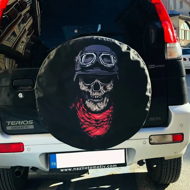 

Tire Cover - Biker Skull Design / Leather Material and UV Press