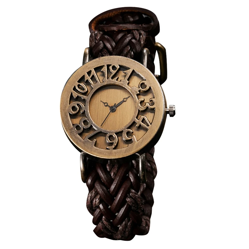 

Vintage Hollow Dial Women's Watch Woven Leather Punk Style Ladies Quartz Watch Watch