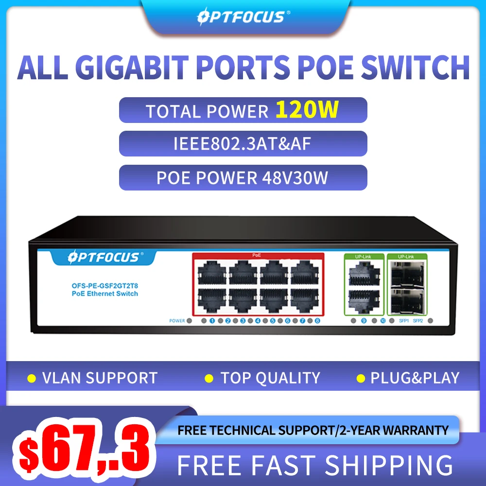 OPTFOCUS 120W 8*giga poe+2*giga RJ45+2*SFP fiber Durable PoE+ SFP Fibra 8 portas Ativo Passivo Sfp Poe 48v Gigabit Switch