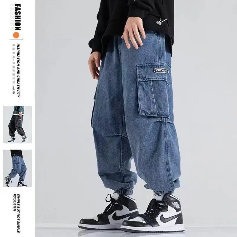 New Big Pocket Workwear Mens Jeans Loose Strap High Street Fashion Retro Wide Leg Haren Denim Pants for Men