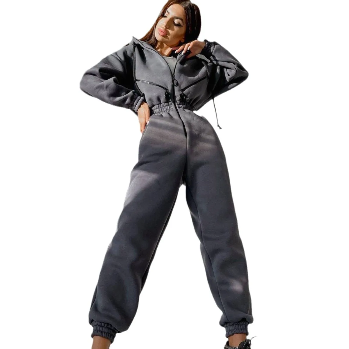 YJKDYK 2025 Autumn Winter Women's Jumpsuit Female contrast Hooded Zipper Siamese Drawstring Elastic Waist Ankle Jumpsuits