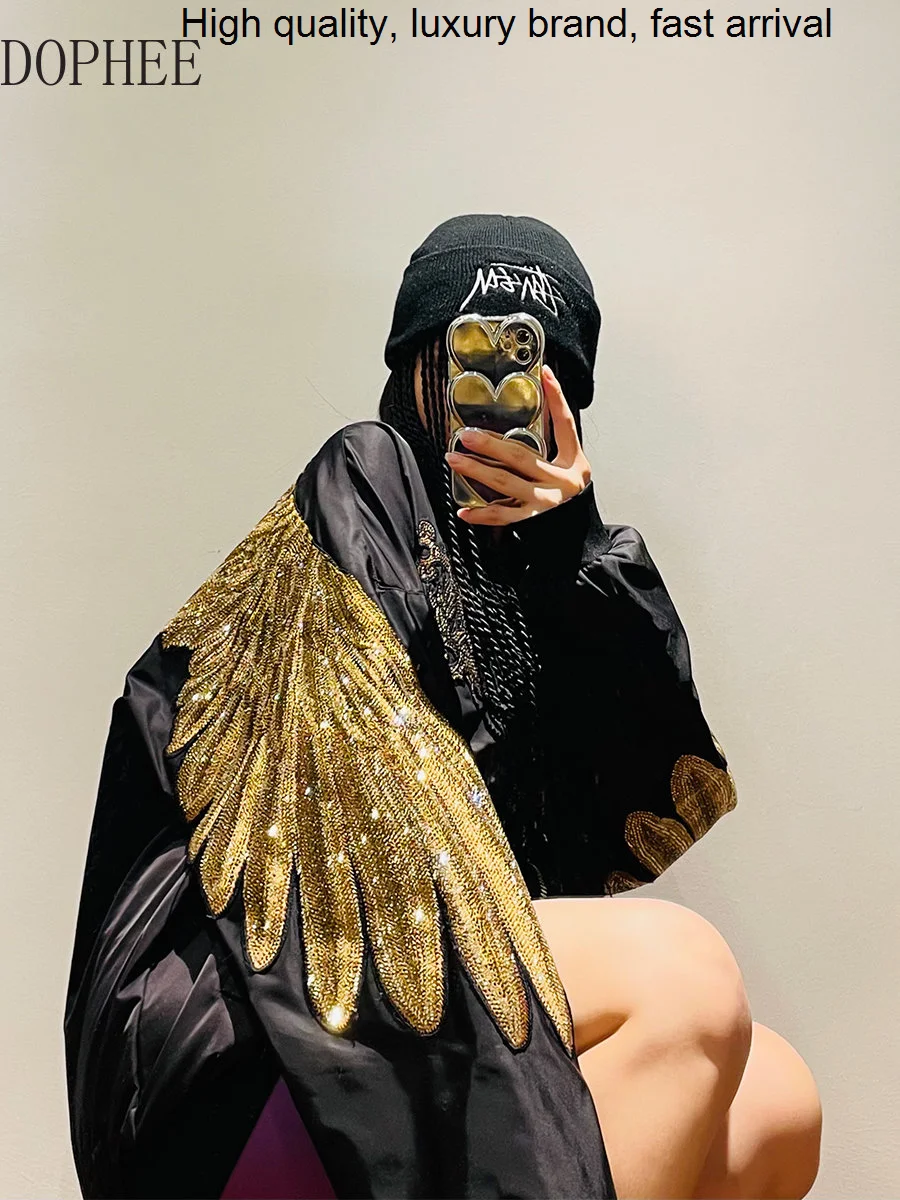 

Golden Wings Luxury Hot Drilling Bomber Jacket Men and Women Baseball Uniform Trendy Outerwear Streetwear Coat Black Long Sleeve