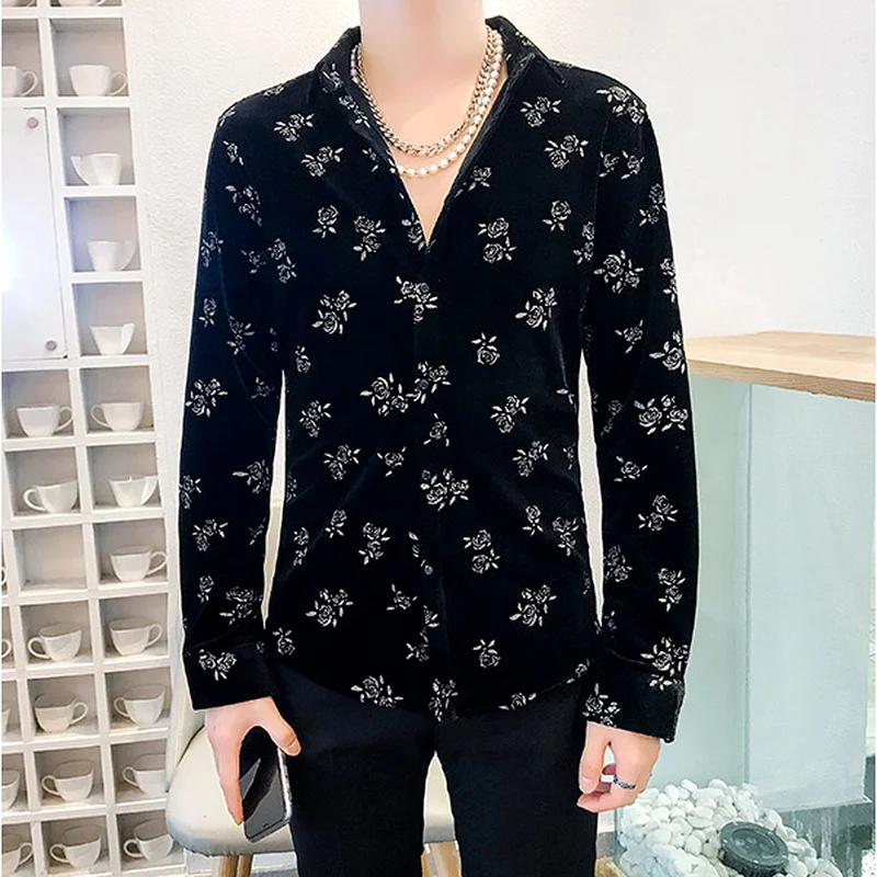 Light Luxury Rose Velvet Men Shirts Autumn Winter Vintage Casual Shirt Loose Streetwear Social Party Male Clothing Homme Chemise