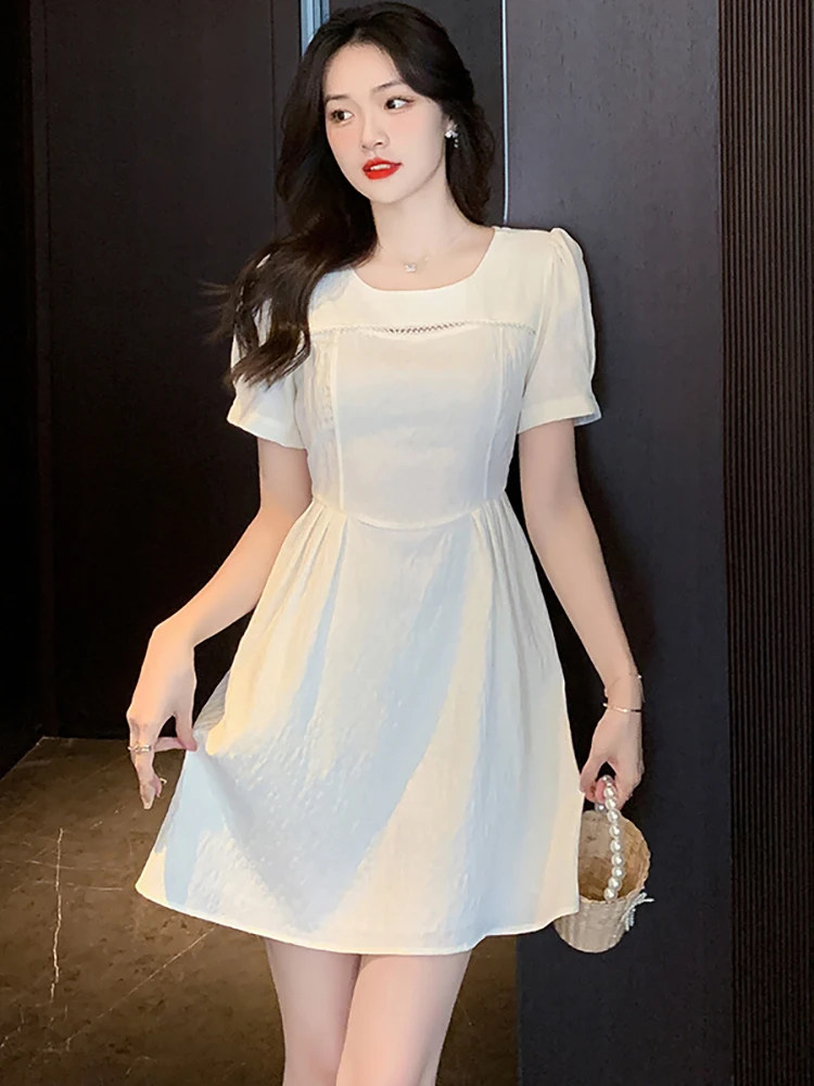 

Women Fashion Chic Hollow Out Beading Luxury Midi Dress Summer White Jacquard Short Sleeve Dress 2023 Korean Casual New In Dress
