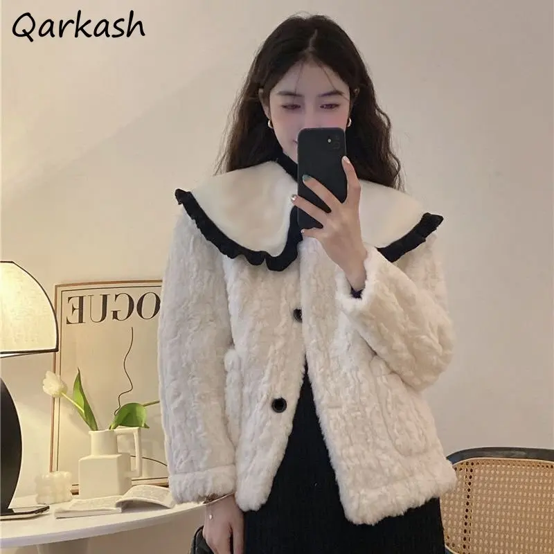 

Peter Pan Collar Jackets Women French Style Elegant Sweet Lovely Thick Winter Coats Girls All-match Patchwork Ropa Mujer Retro