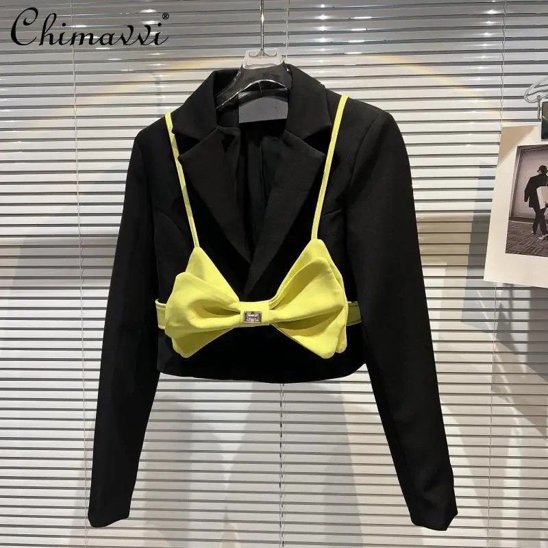 

2022 Spring New Fashion Three-Dimensional Bow Suspenders Two-Piece Set Suit Coat Temperament Slimming All-Matching Jacket Women