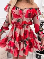 fashion women rose print long sleeve party dress sexy off shoulder ruffle mini dress vestidos elegant mesh chiffon beach dresses