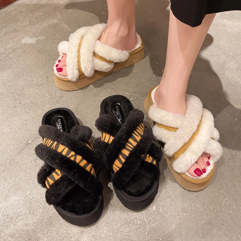 

New 2022 fluffy Fur Furry Thick Platform Home Women Slippers Winter Warm Plush Slides Non Slip Flip Flops Outdoor Indoor Shoes