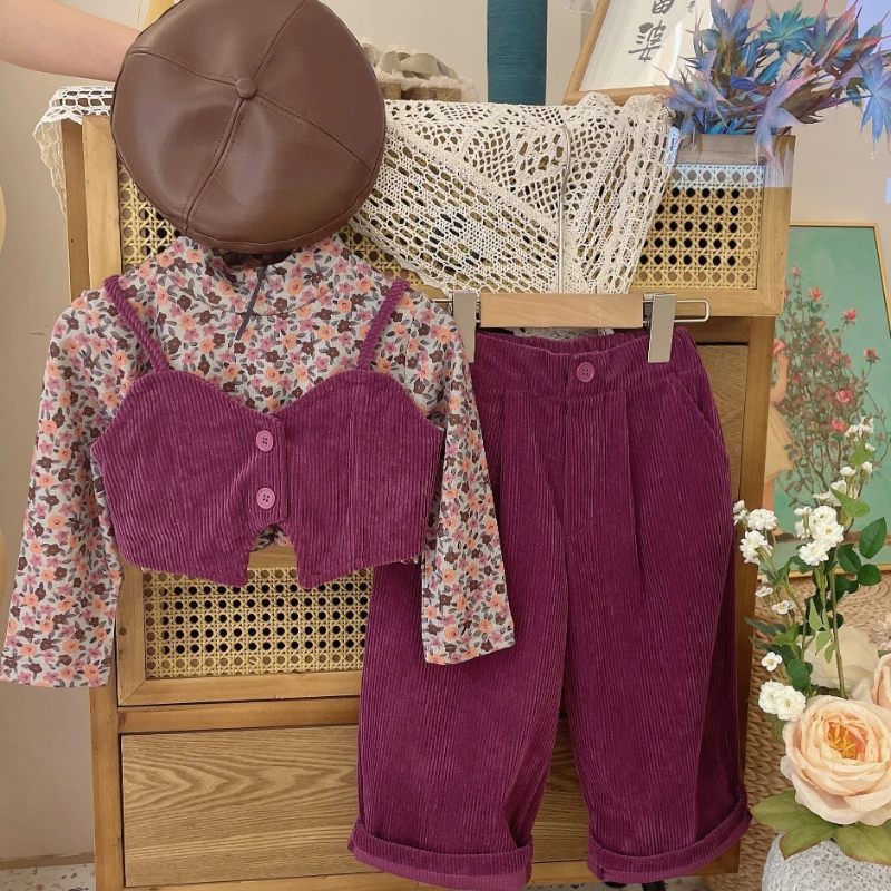 3Pcs Girls Clothes Outfits Korean Style Sets Autumn Spring Shirt Vest Pants Fashion Kids Clothes Suits Kids Girls Clothing Suits