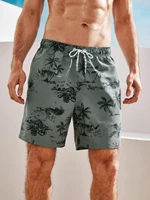 men tropical print drawstring waist swim trunks