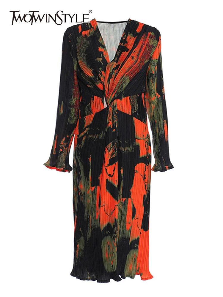 

TWOTWINSTYLE Hit Color Print Dresses For Women V Neck Long Sleeve High Waist Elegant Temeprament Dress Female Fashion Clothing