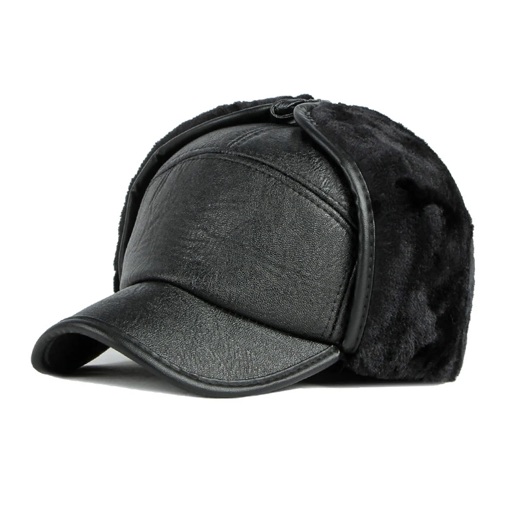 

New Middle-aged and Elderly Ear Protection Baseball Cap Men Autumn Winter Warm Peaked Cap Pu Leather Plush Hats