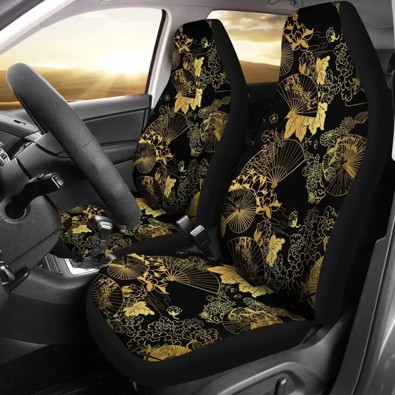 

Black Gold Oriental Asian Car Seat Covers Pair, 2 Front Seat Covers, Car Seat Protector, Car Accessories