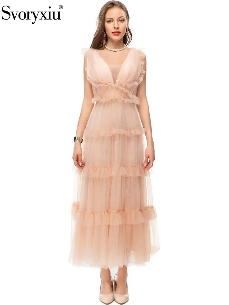 Svoryxiu New Summer Fashion Designer Solid Color Spaghetti Strap Long Dress Women's High Waist Mesh Cascading Ruffle Dress