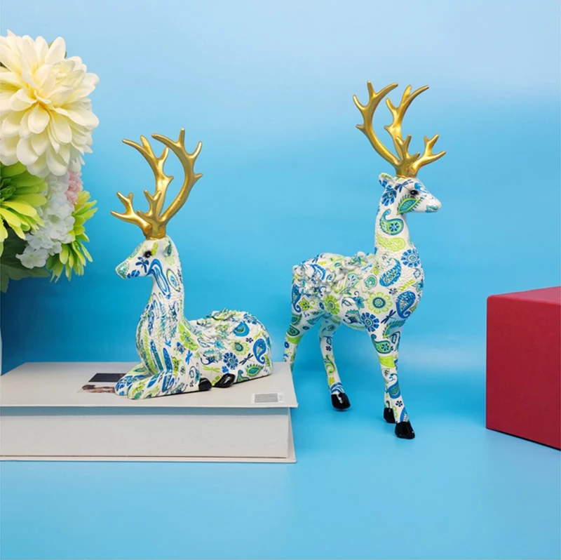 

Nordic Modern Style Reindeer Figurine 2 Pcs Set Resin Sitting Standing Elk Deer Statue Colored Statue For Home Office Decoration