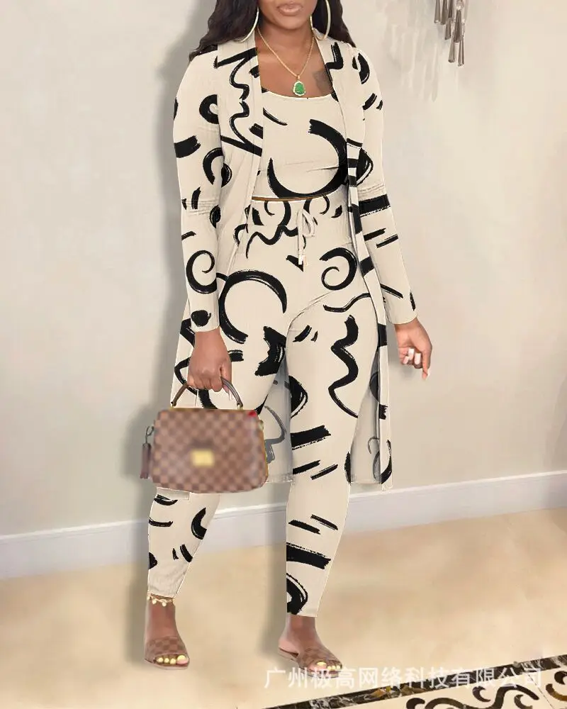 

2023 Autumn Women's Casual Printed Vest Burnt Pants Jacket Three Piece Fashion Ladies Homewear Comfortable Long Pants Set