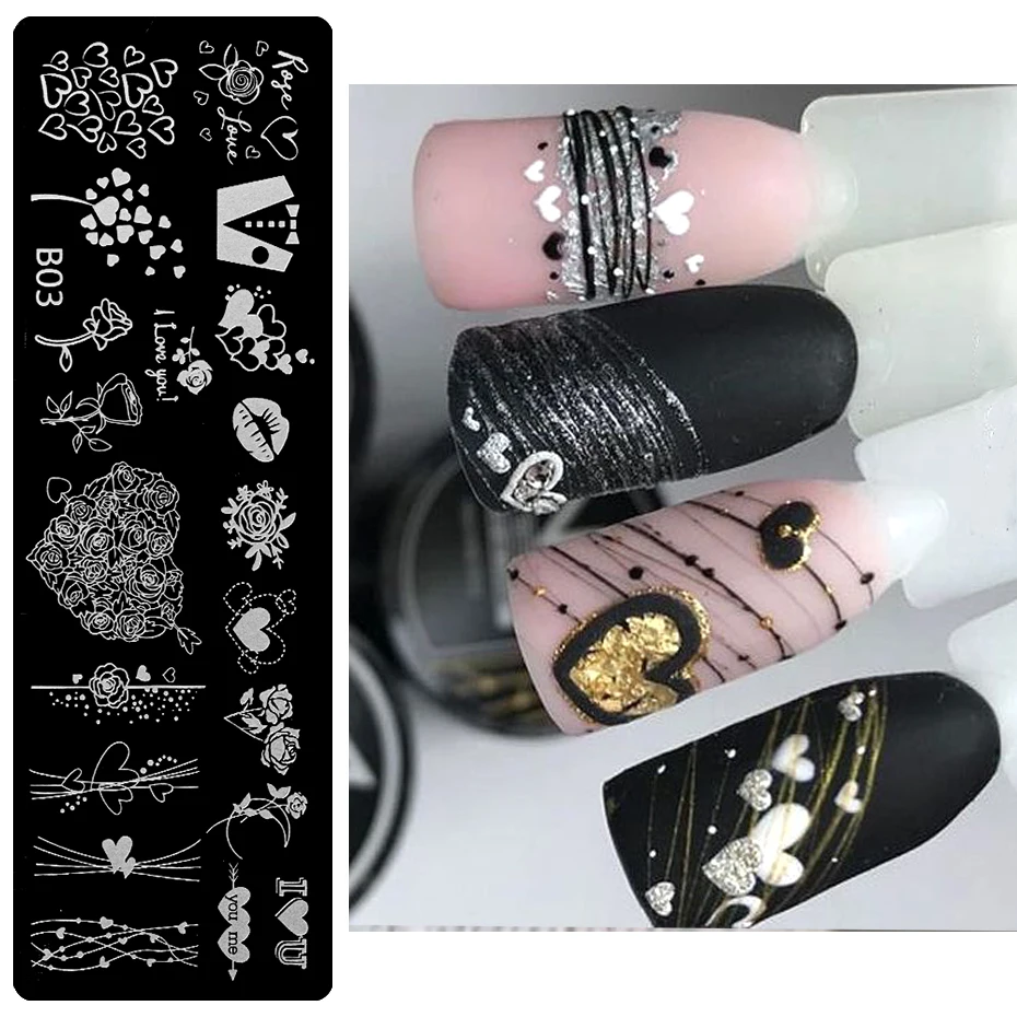 Любовь Сердце ногтей штамповки пластины роза любовь буквы Геометрия День