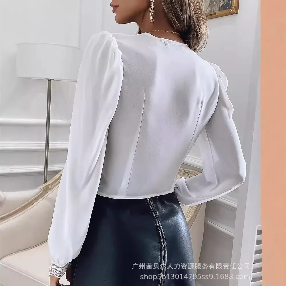 Женская новая кружевная блузка с глубоким v-образным вырезом и длинными рукавами