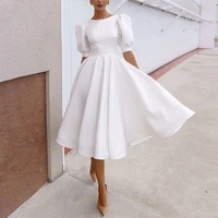 2022 new fashion elegant women white puff sleeve hollow out back big hem dress