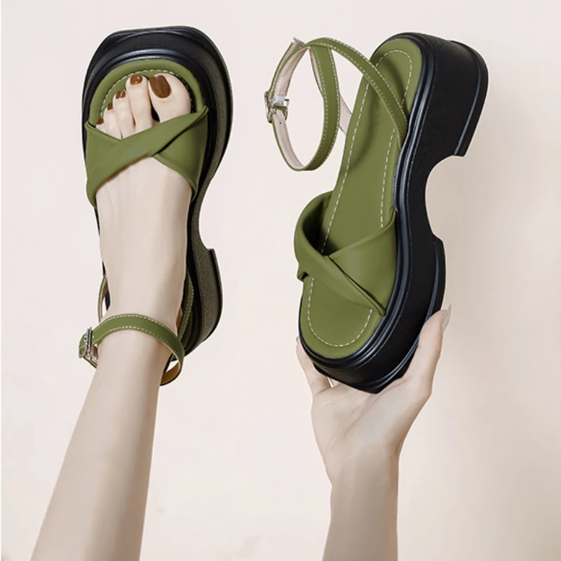 CICIYANG Ladies Ankle Strap Flatform Sandals Women2023 Platform Gladiator Muffin Sandals Open Toe Footwear Summer Black Leather