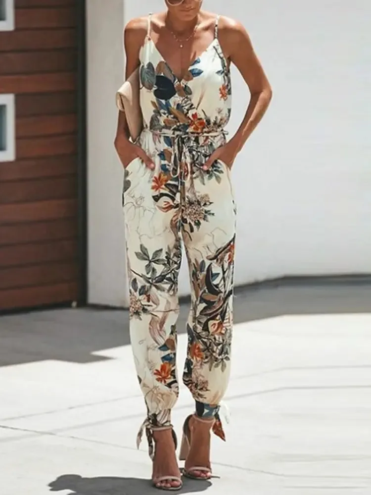 Mandylandy Women Summer Feather Print Tied Detail Jumpsuit Fashion Female Elegant Y2K Strap V Neck High Waist Corset Romper