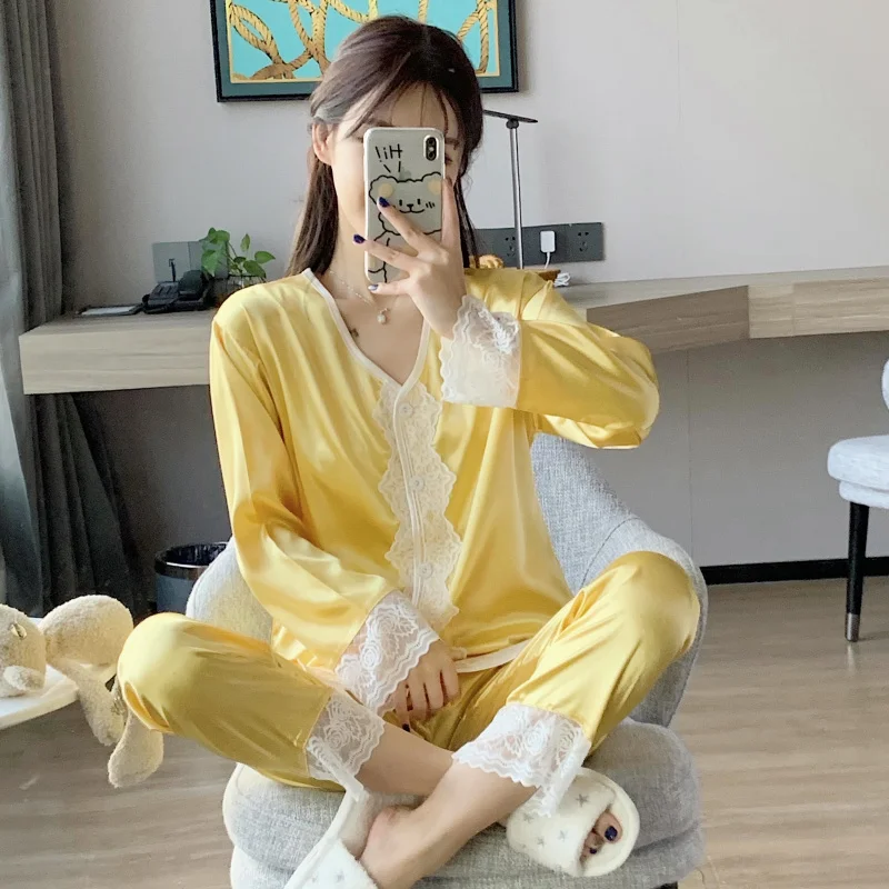 The new spring pajamas women cardigan v-neck long-sleeve trousers two-piece red live household to take princess grace